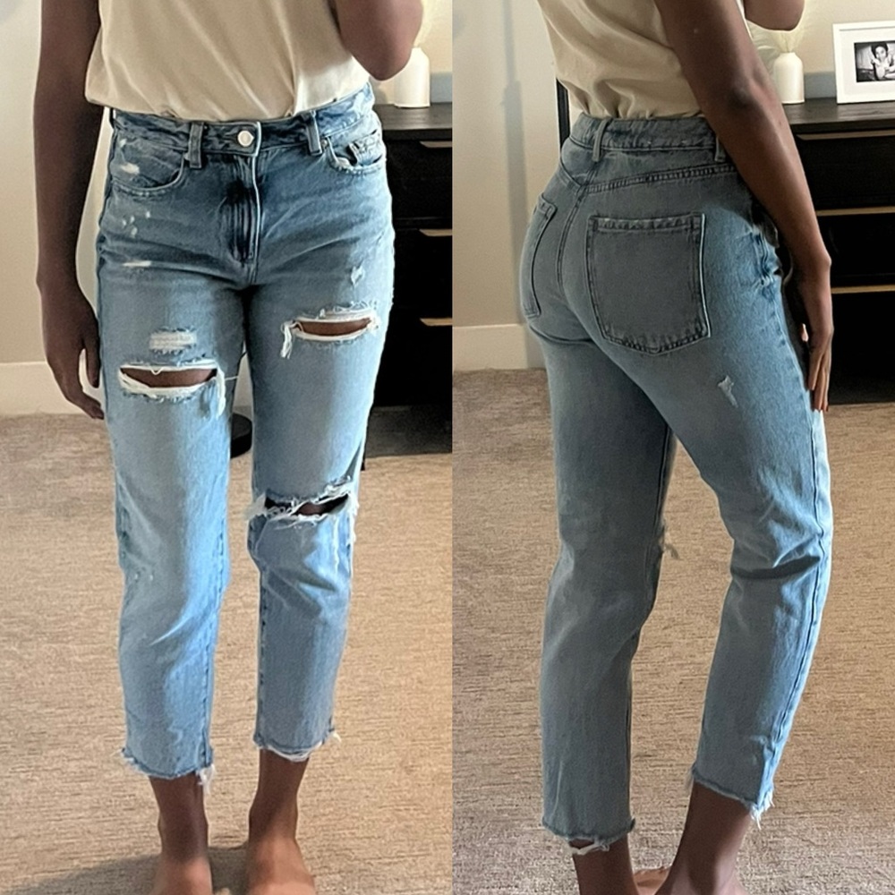 Garage Denim Straight Leg High Rise Distressed Mom Jeans Light Wash Size 27